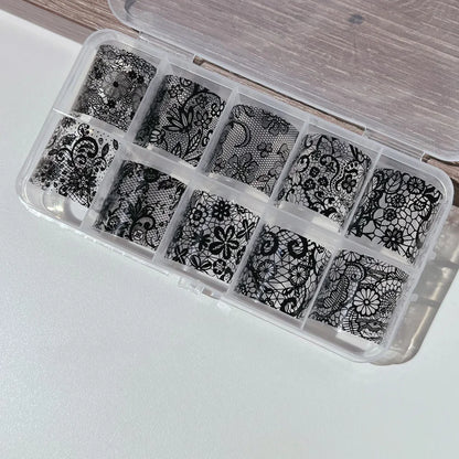 10 Rolls 4x50CM Black White Lace Transfer Nail Sticker Sexy Flower Lace Nail Art Transfer Foils Paper for DIY Manicure Decals*@#