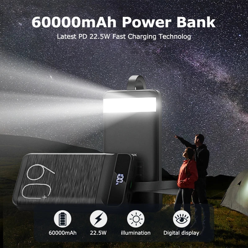 hganus 60000mAh Power Bank QC PD3.0 22.5W Fast Charging Powerbank Portable Charger External Battery For iPad iPhone Xiaomi