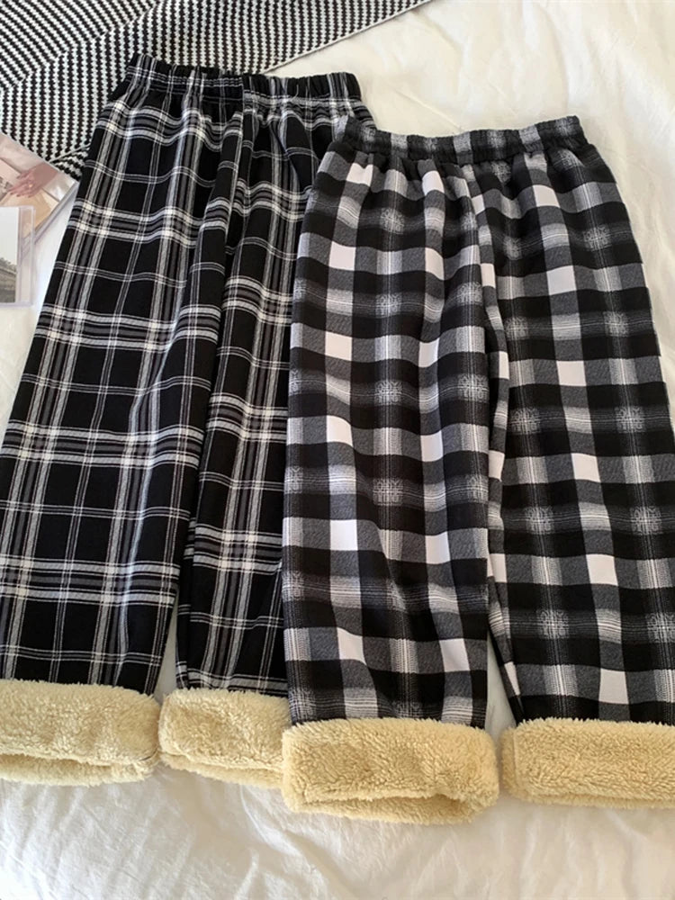 JMPRS Fashion Warm Plush Pants Thick Plaid Women Casual Loose Wide Leg Trousers Korean Streetwear Straight Student Pants New