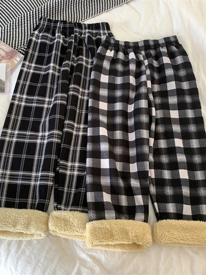 JMPRS Fashion Warm Plush Pants Thick Plaid Women Casual Loose Wide Leg Trousers Korean Streetwear Straight Student Pants New