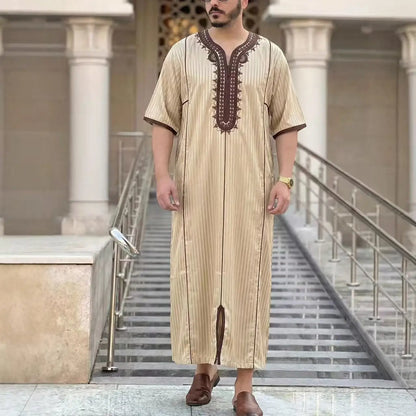 Muslim Men's Morocco Gandoura Thobe Loose Short Sleeves Gorgeous Embroidery Comfortable Islamic Men's Traditional Clothing Party
