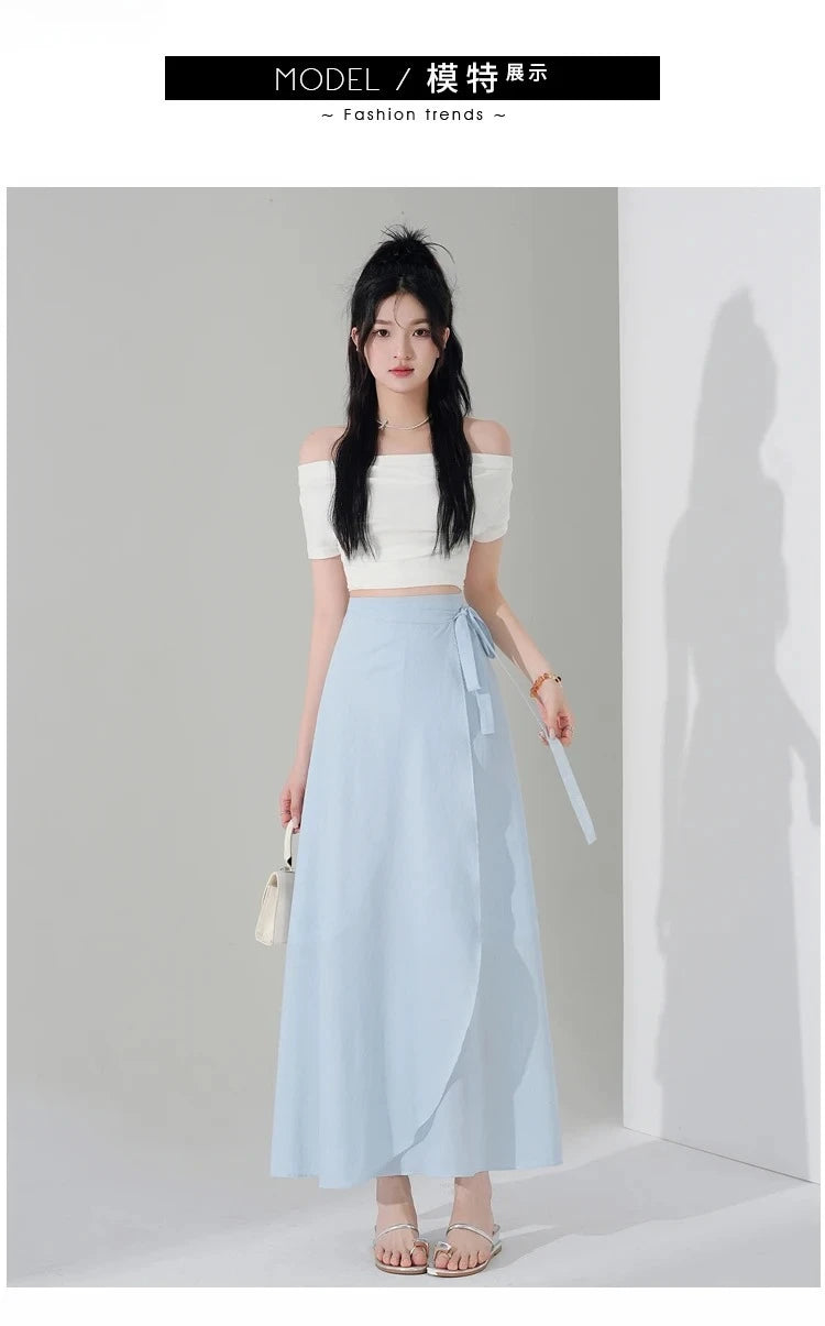 Chic Korea Clothes Summer Women Cute Sweet GIrls Solid Robe Holiday Date High Waist Retro Vintage Wrap One-Piece Lace-Up Skirts