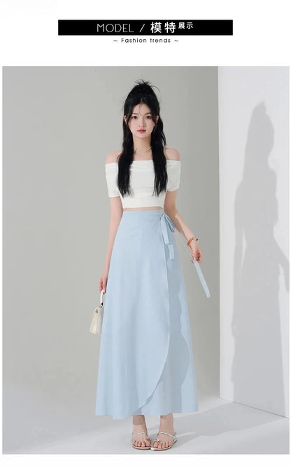 Chic Korea Clothes Summer Women Cute Sweet GIrls Solid Robe Holiday Date High Waist Retro Vintage Wrap One-Piece Lace-Up Skirts