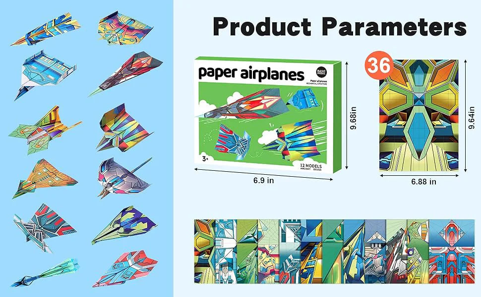 12 Styles Paper Airplane Kit Colorful Origami Paper Handmade Craft Plane Gift For Students Boys Girls