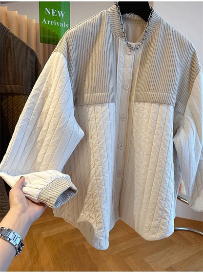 Women Autumn Advanced Design Sense, Niche Loose Casual Knit Stitching, Striped Cotton Coat Winter Light Thin Small Cotton Jacket