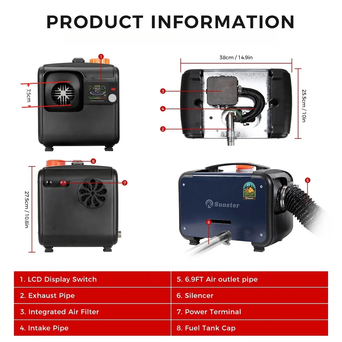 8KW 12V/24V/220V Ultra Silent Portable Diesel Air Heater W/Bluetooth App Automatic Altitude Car Heater for RV Car Campervan Home