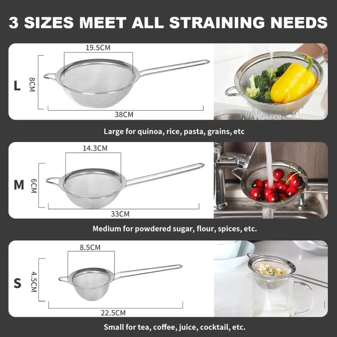 tastyWay 3pcs/set Stainless Steel Fine Mesh Strainers Multipurpose Flour Sifter For Baking With Handle Flour Sieve Sifter Baking