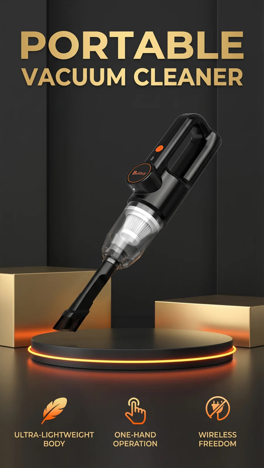 Cordless Portable Handheld Vacuum Cleaner, Mini Wireless Car Vacuum Cleaner with Ergonomic Handheld Design, High Power Strong Suction Rechargeable Handheld Vacuum for Car Household Dust Debris Pet Hair Removal One-Key LED Lig