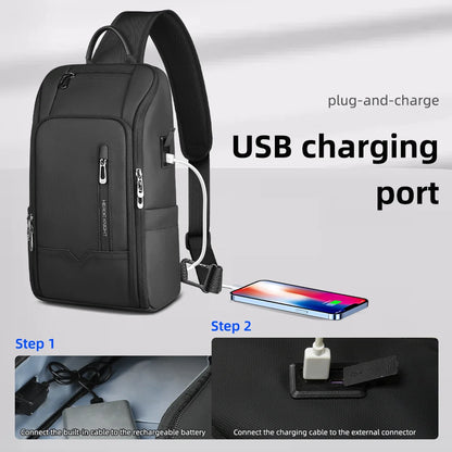 HK Anti-theft Men's Shoulder Bag Waterproof Chest Crossbody Bag with USB Oxford Leisure Satchel Multi-Pockets Sling Bag for Male
