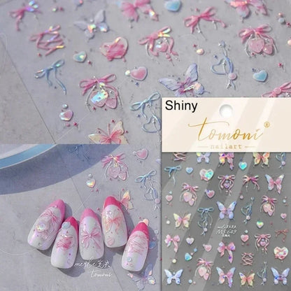 5D Cute Rabbit Love Heart Peach Blossom Flower Yellow Nail Art Stickers Bowknot DIY Self Adhesive Rhinestone Manicure Decals