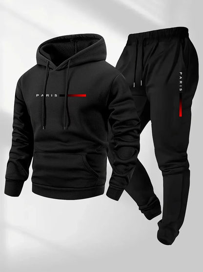 PARIS Letter Print Sweatshirt Suit Men's Fleece Hoodie Pants Set Spring Autumn Winter Warm Casual Sports Pullover Trousers Sets