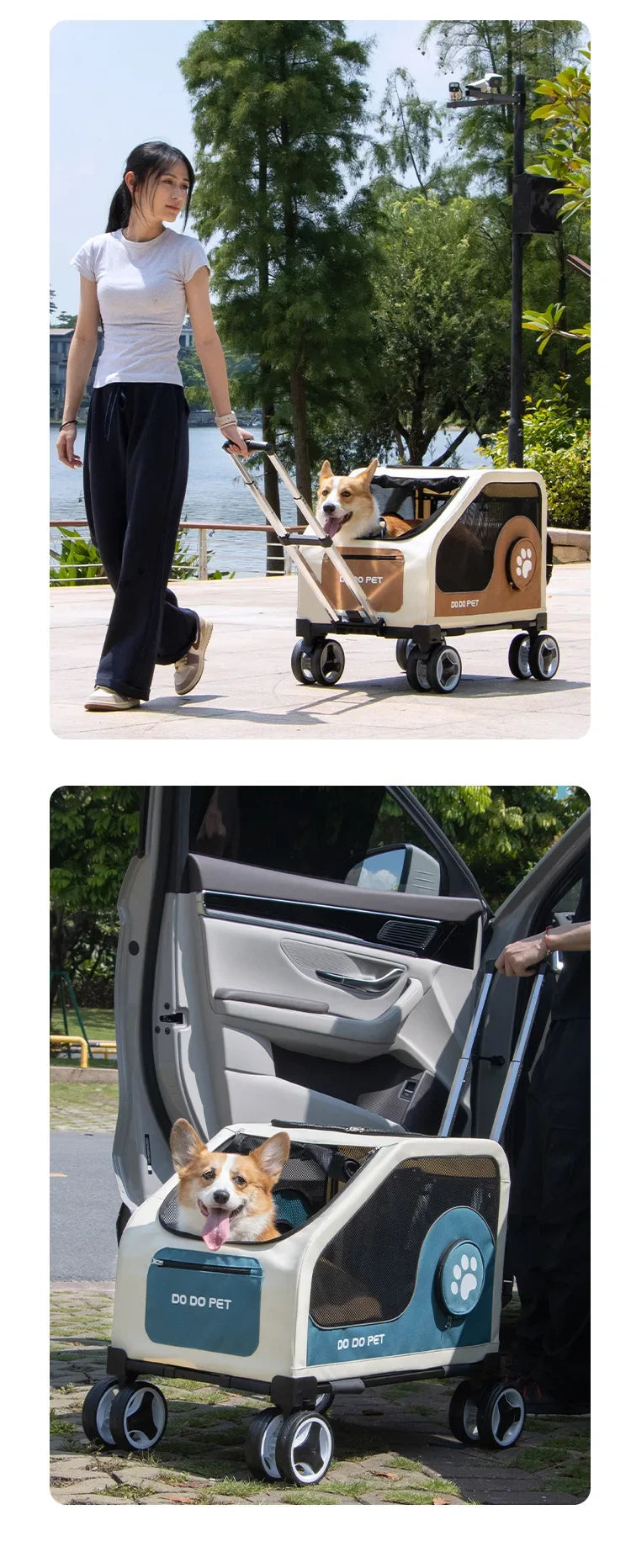 Foldable Large Pet Stroller with Telescopic Handle&Silent Wheels,Breathable Mesh Pet Trolley Cart for Medium Pet Outdoor Travel
