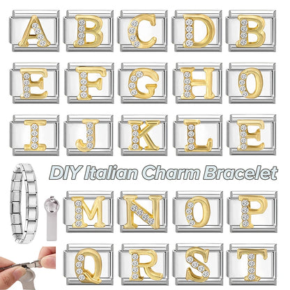 New Girls Italian Bracelet 26 English Letters Charm Stainless Steel Bangle Gold Color Inlaid Zirconia DIY Making Jewelry Gifts