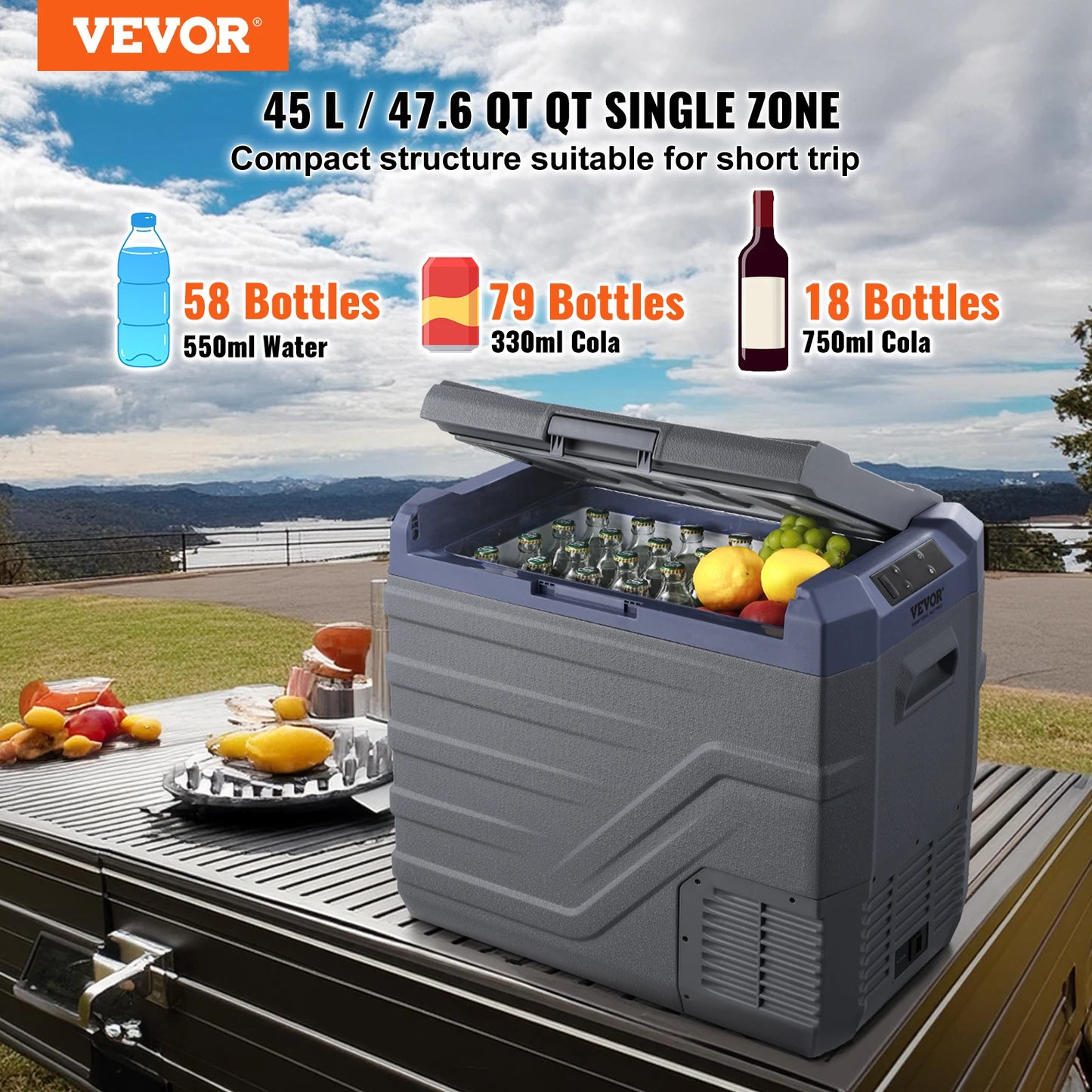 SucceBuy 30/37/45L Car Refrigerator Single Zone Portable Freezer&Built-in Light Compressor Cooler for Outdoor Camping