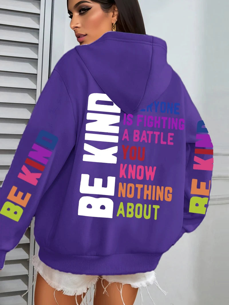 Be Kind Hoodies Women Letter Prints Winter Fleece Warm Hooded Street Pocket Loose Sweatshirts Casual All-match Woman Clothes