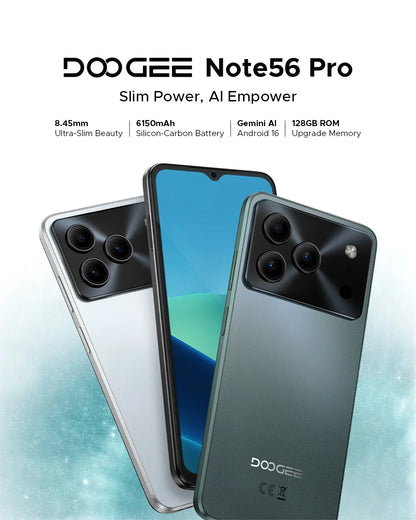 DOOGEE Note56 Pro Smartphone 32GB+128GB Android 16 6150mAh Battery 6.56'' 90Hz Screen 13MP+8MP Widevine L1 NFC Cell Phone