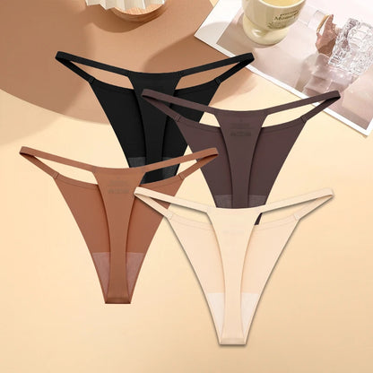 4PCS/Set Silk Seamless Thongs for Women Sexy Low Rise Panties Female Ultra Thin Breathable Underwear G-String T-Back Underpants