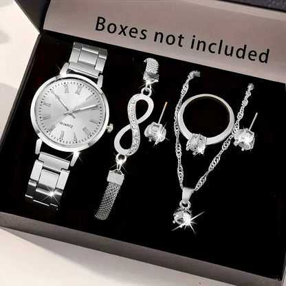 6PCS Women Watch Jewelry Set - Fashion Quartz Watch + Crystal Infinity Bracelet Necklace Earring Ring for Ladies（Without Box）
