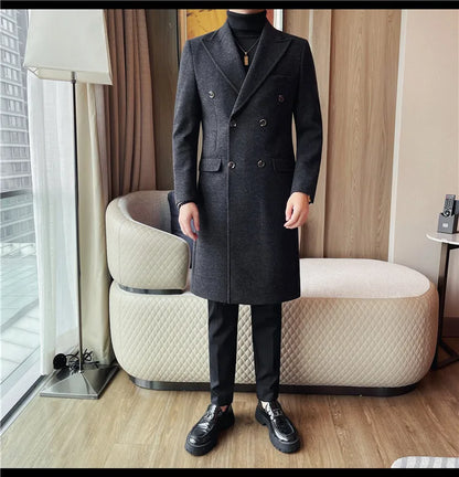 Autumn Winter Vintage Men's Woolen Long Coat Fashion Lapel High Quality Double Breasted Formal Men Slim Fit WindBreaker Overcoat