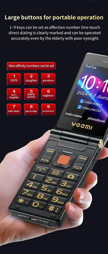 YeeMI M7+ 4G Rugged Feature Phone Big Button Full Band Flip Phone Dual SIM Dual Screen Cellphone For Old Man 6800mAh Big Battery
