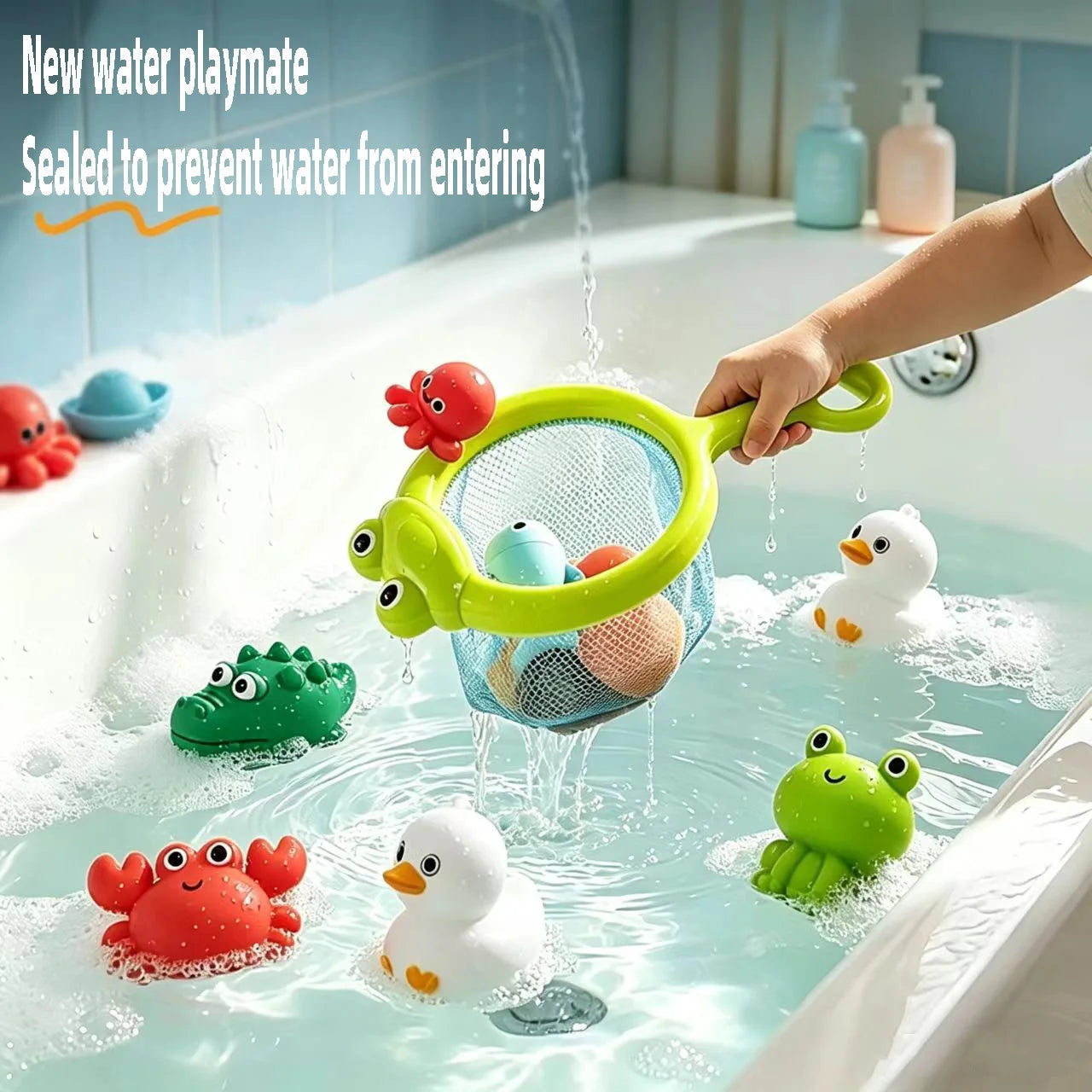 Frog Net Fishing Bath Toy Baby Floating Turtle Animal Squeeze Squeaky Pool Summer Splashing Water Toy Gift