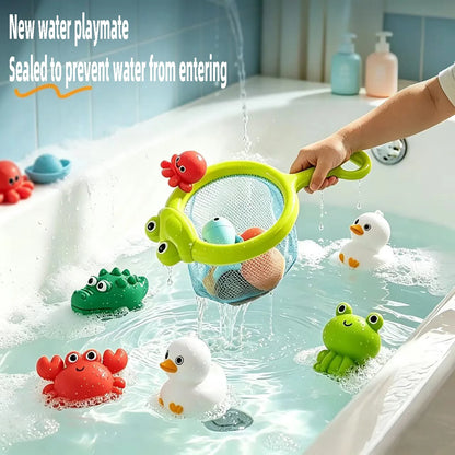 Frog Net Fishing Bath Toy Baby Floating Turtle Animal Squeeze Squeaky Pool Summer Splashing Water Toy Gift