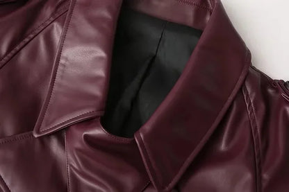 Vintage Lapel Leather Biker Jacket Women Bomber Jacket Short Coat Streetwear Zip Long Sleeve Windproof Outerwear Black Wine Red