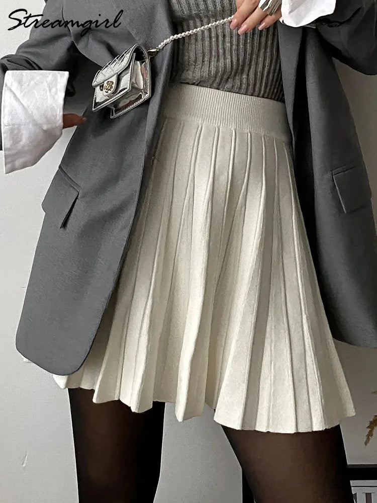 Autumn Knit White Mini Pleated Skirts For Women A Line Skirt Gray High Waist Women Knitted Pleated Short Skirts Korean Fashion