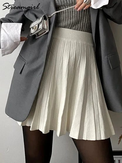 Autumn Knit White Mini Pleated Skirts For Women A Line Skirt Gray High Waist Women Knitted Pleated Short Skirts Korean Fashion