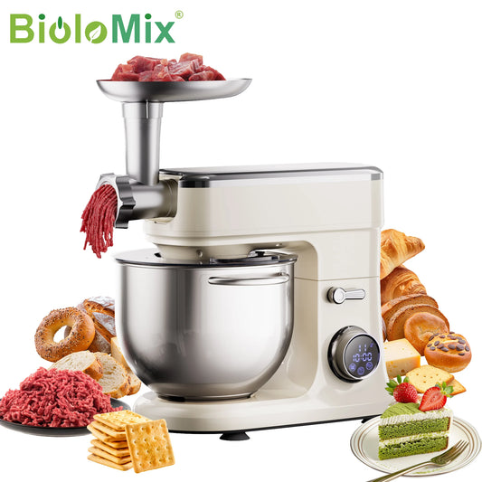 BioloMix 7L virtuvinis kombainas kepiniams, 1200W nuolatinės srovės variklis su tešlos kabliu, plakikliu, plaktuvu, mėsmalės priedu – maisto maišytuvas