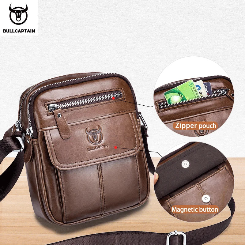 Bullcaptain Casual Men's Shoulder Bags Business Messenger Bag High-Quality Men's Cow Leather Bag's Mini Large Capacity Pocket