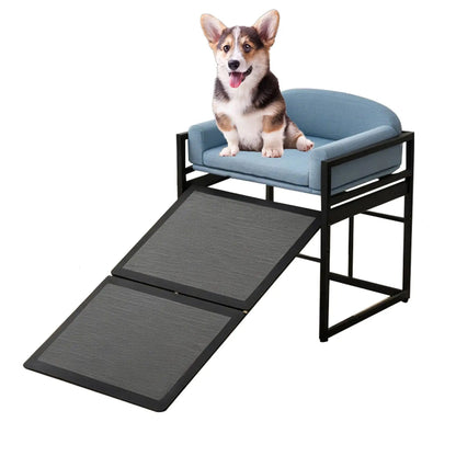 ZMaker 2026 Customizable Metal Frame Elevated Dog Bed with Ramp Non Slip Foldable Dog Stairs Ramps with Seat Cushion