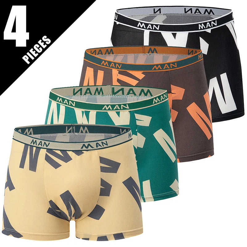 4-piece Set Of Men's Seasonal Fashionable Printed Underwear Comfortable Elastic Waist Flat Angle Pants Plus Size Casual Shorts