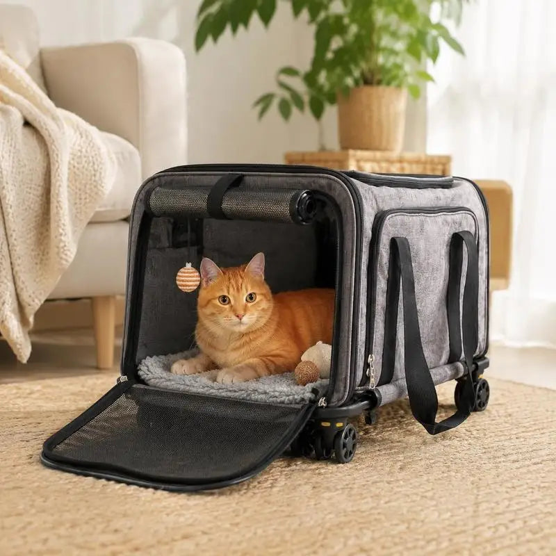Foldable Pet Carrier With Wheels, 600D Oxford Fabric, Large Storage Pocket, For Car Travel And Hiking, Supports 11.3kg, Black