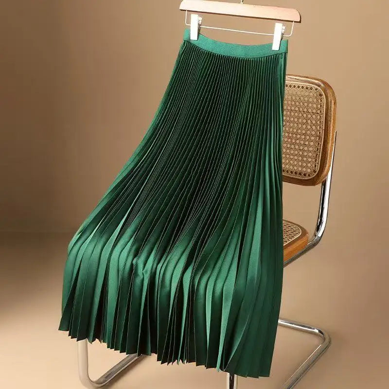 Women Summer Solid Pleated Satin Long Skirt Korean New Fashion Ladies Work Casual Elastic High Waist A Line Party Loose Skirts