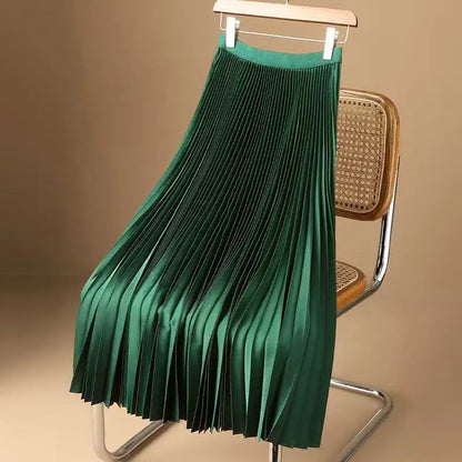Women Summer Solid Pleated Satin Long Skirt Korean New Fashion Ladies Work Casual Elastic High Waist A Line Party Loose Skirts