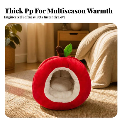 Apple-Shaped Pet Bed Cozy Enclosed Pet Bed with Removable Cushion Hideaway Cat House Warm Cat House with Cushion Soft for Cats