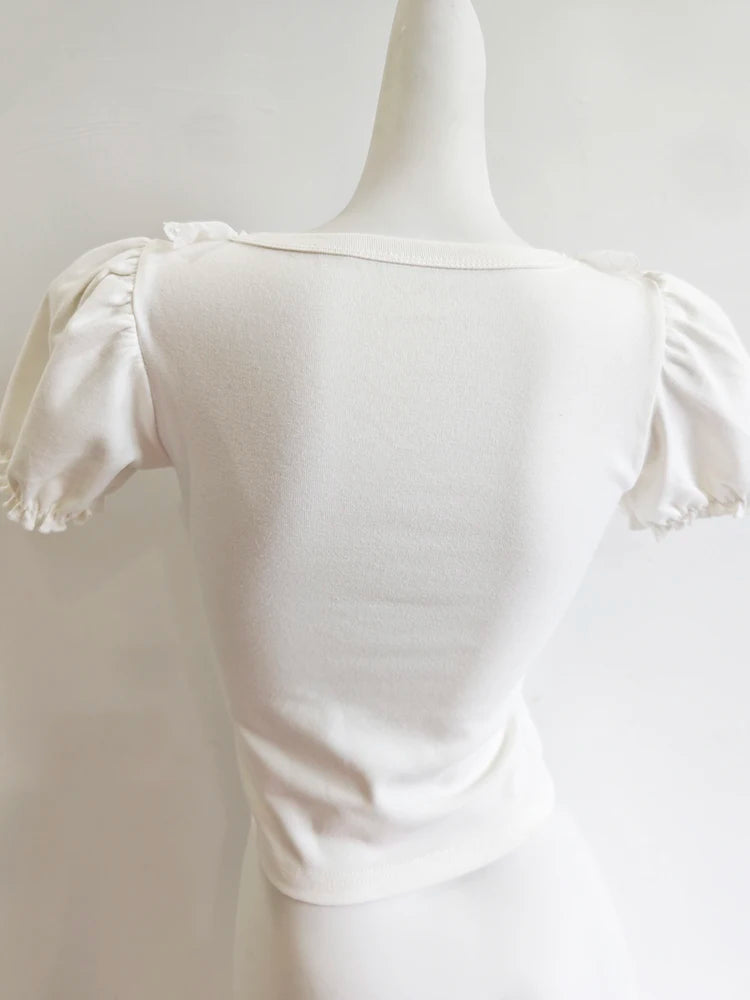 Cute T-Shirts Women Summer Lace Trim Square Collar Puff Sleeve Bows Decoration Love Shape Cotton Tees Tops for Kawaii Girls
