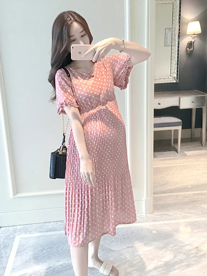 Summer Maternity Dress for Pregnant Women Petal Collar Bubble Sleeve High Waist Peter Pan Casual Temperament Gown