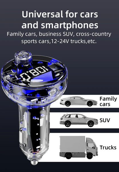 Transparent Car Bluetooth 5.4 FM Transmitter Handsfree Wireless Car Kit Colorful Light Car Charger Mp3 Player FM Modulator