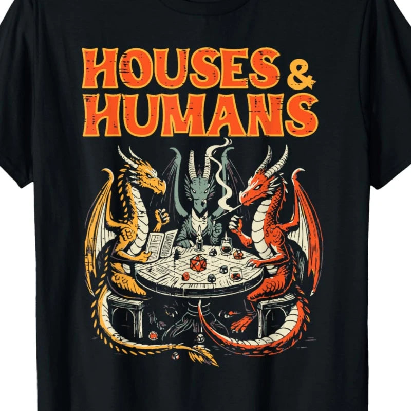 Men's Fun Dungeons&Dragons Inspired T-shirt - House&Humans RPG Parody Game Player Top with Dragon and Wizard Battle Design