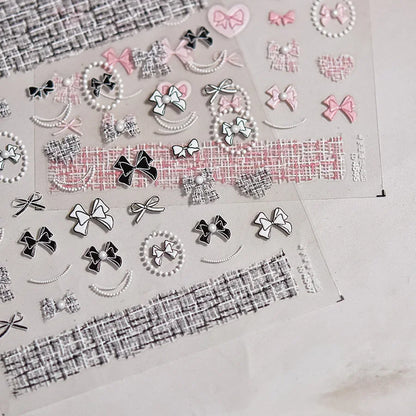 5D Pink White Black Bowknot Ribbon Pearl Sweet Bow Nail Sticker Adhesive Nail Art Decoration Parts Stickers Manicure Decals