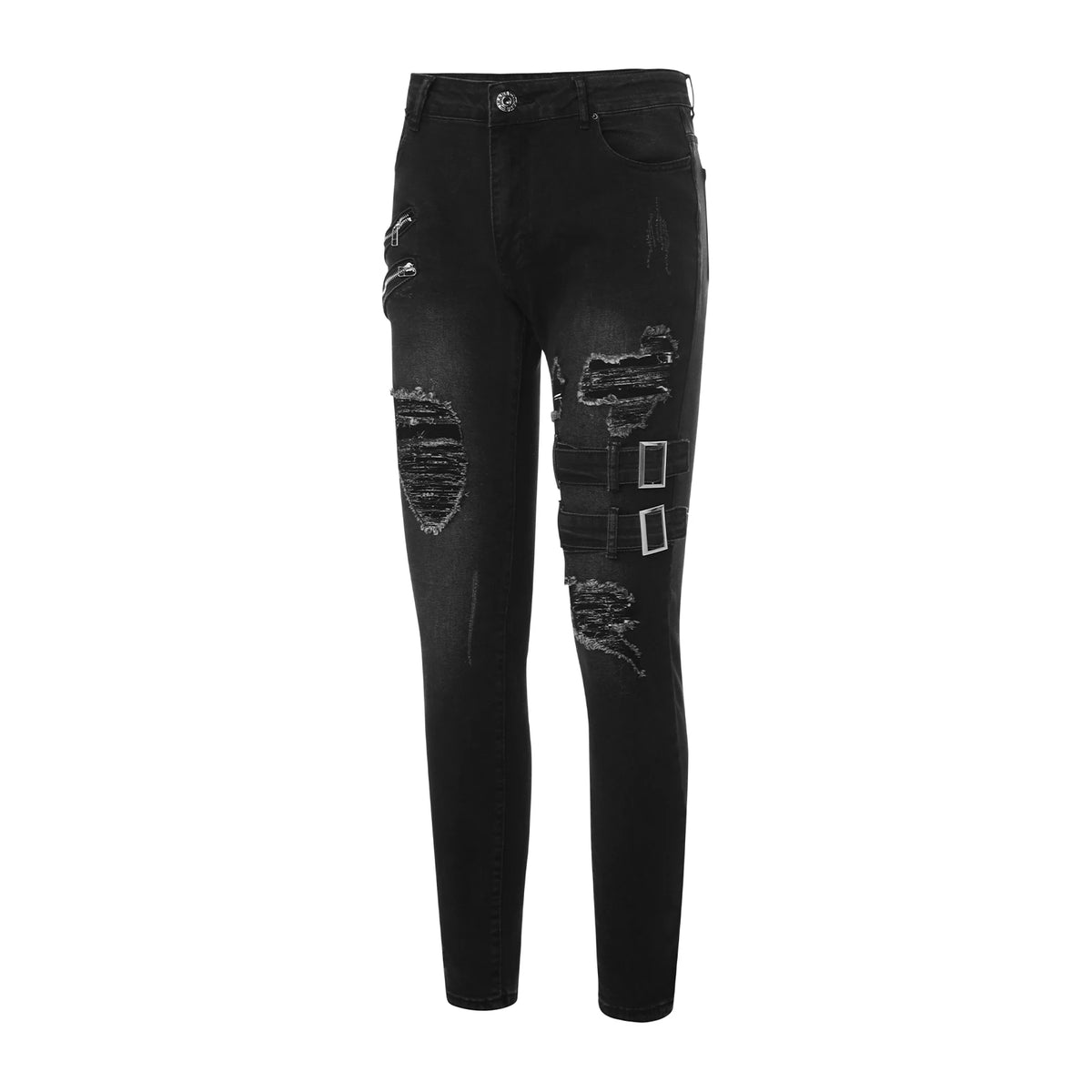 2025 New Men Slim Biker Ripped Long Denim Trousers Skinny Jeans Side Straps Zips Male Jogging Pants Destroyed Stretchy Pants