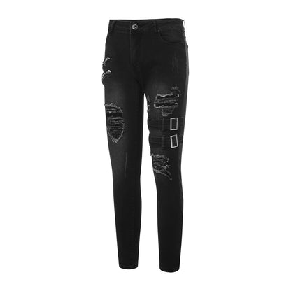 2025 New Men Slim Biker Ripped Long Denim Trousers Skinny Jeans Side Straps Zips Male Jogging Pants Destroyed Stretchy Pants