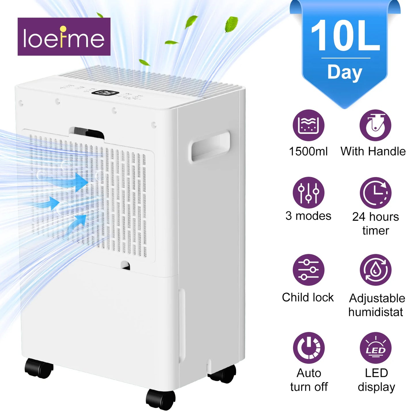 LOEFME 10L/Day Air Dehumidifier Moisture Absorber Home Air Dryer 1.5L Water Tank W/ 3M Hose For Home Basement Bathroom Wardrobe