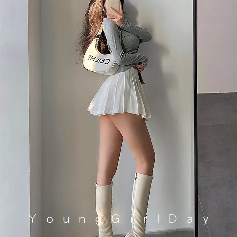 Pleated Skirt with Shorts Women Sexy High Waist Irregular White Black A-line Gyaru Tennis extreme Mini Skirt School