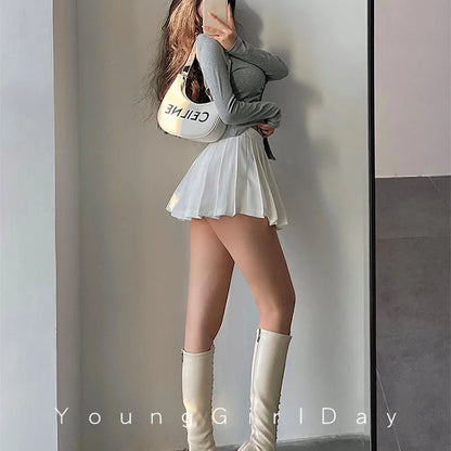 Pleated Skirt with Shorts Women Sexy High Waist Irregular White Black A-line Gyaru Tennis extreme Mini Skirt School