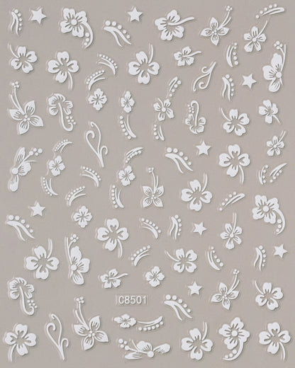 5D Hibiscus Flower Nail Embossed Sticker Acrylic Pink White Gold Petal Leaf Adhesive Decal Butterfly Dragon Floral Elegant Decor
