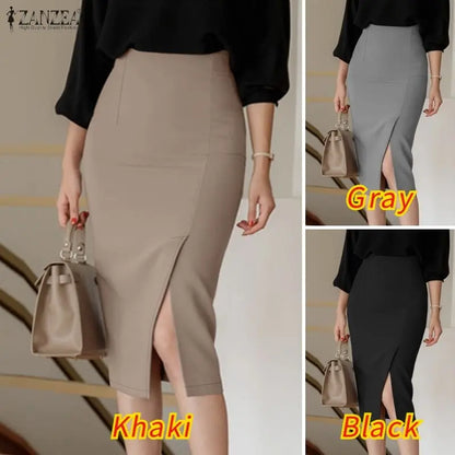 ZANZEA Women's High Waist Pencil Midi Skirt Office Lady Elegant Side Split Bodycon Skirts Casual Solid Color Woman Bottoms S-3XL