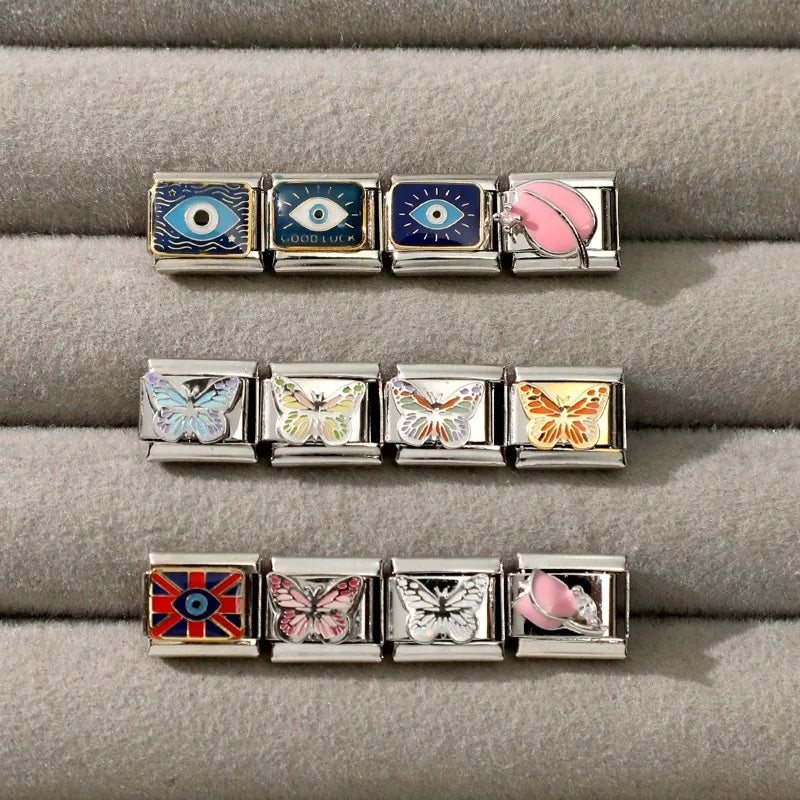 Fashion Drip Glaze Blue Eyes Colorful Butterfly Italian Charm Links Fit 9mm Stainless Steel Bracelet Jewelry DIY Making Beads
